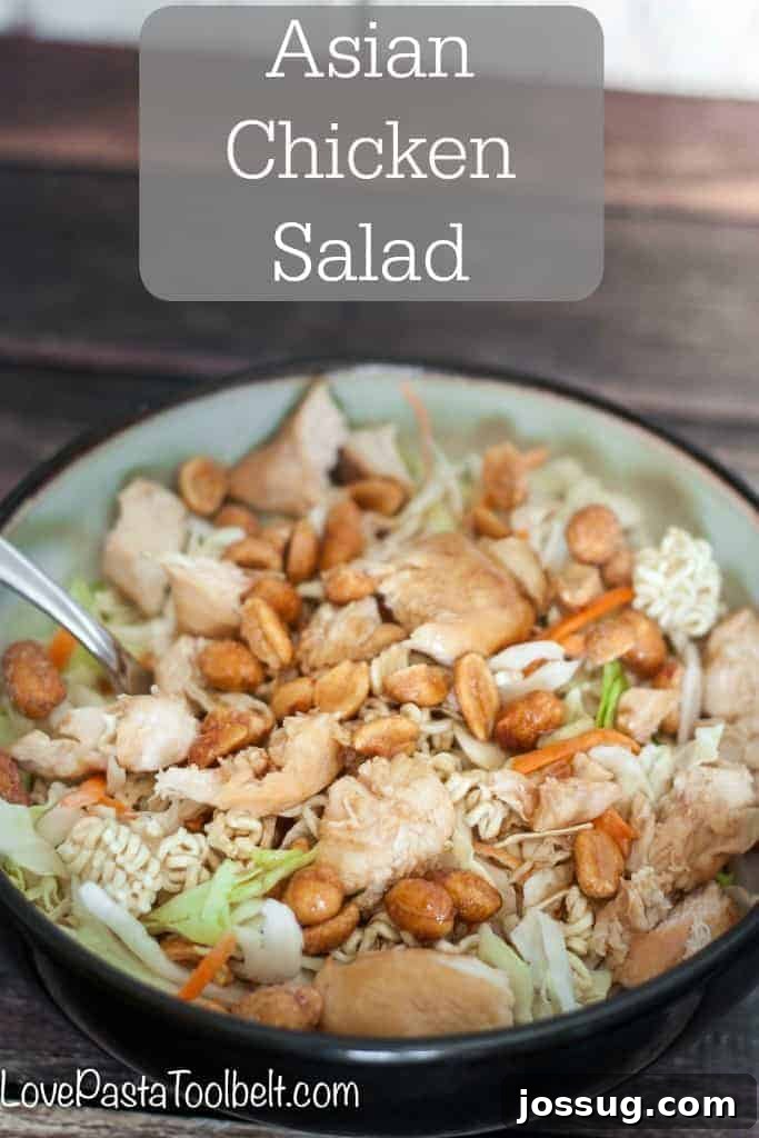 Deliciously Healthy Asian Chicken Salad 2 A beautifully presented Asian Chicken Salad in a white bowl, ready to be enjoyed with a fork.