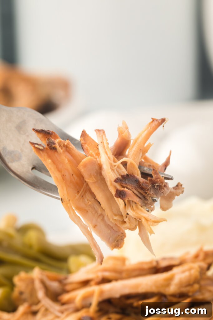 Melt-in-Your-Mouth Slow Cooker Pork 3 Close-up of shredded slow cooker pork roast on a fork, showing its tender texture.