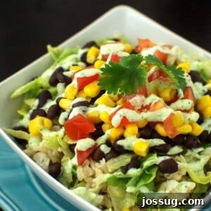 Burrito Bowls with Light Tomatillo Ranch Dressing in a bowl.