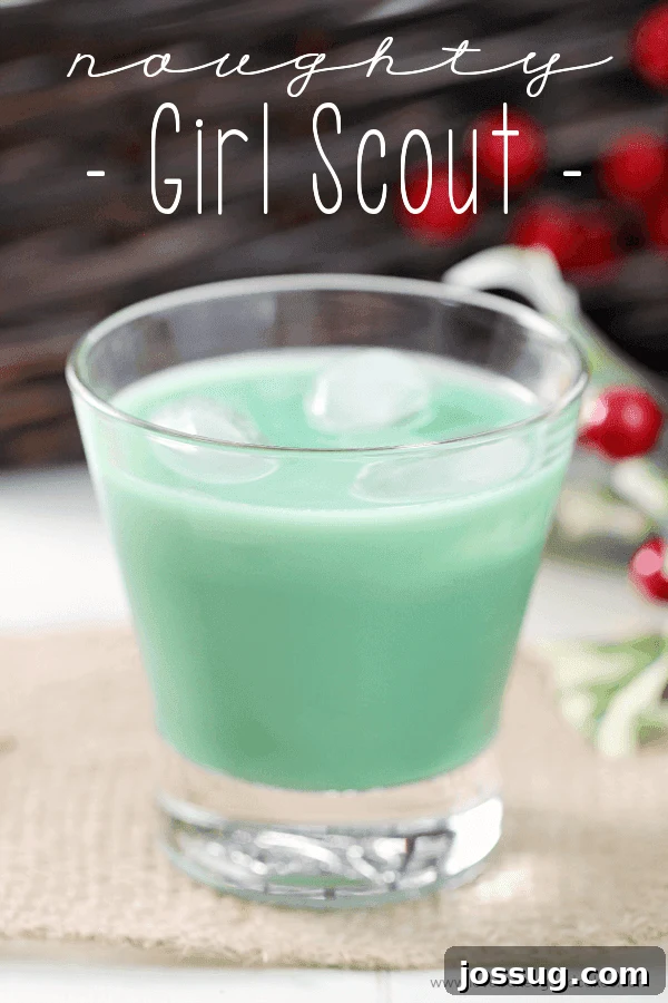 A refreshing Naughty Girl Scout Cocktail, garnished with fresh mint, served over ice in a glass.