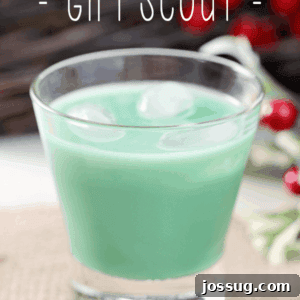 Naughty Girl Scout Cocktail in a glass with ice, garnished with mint.