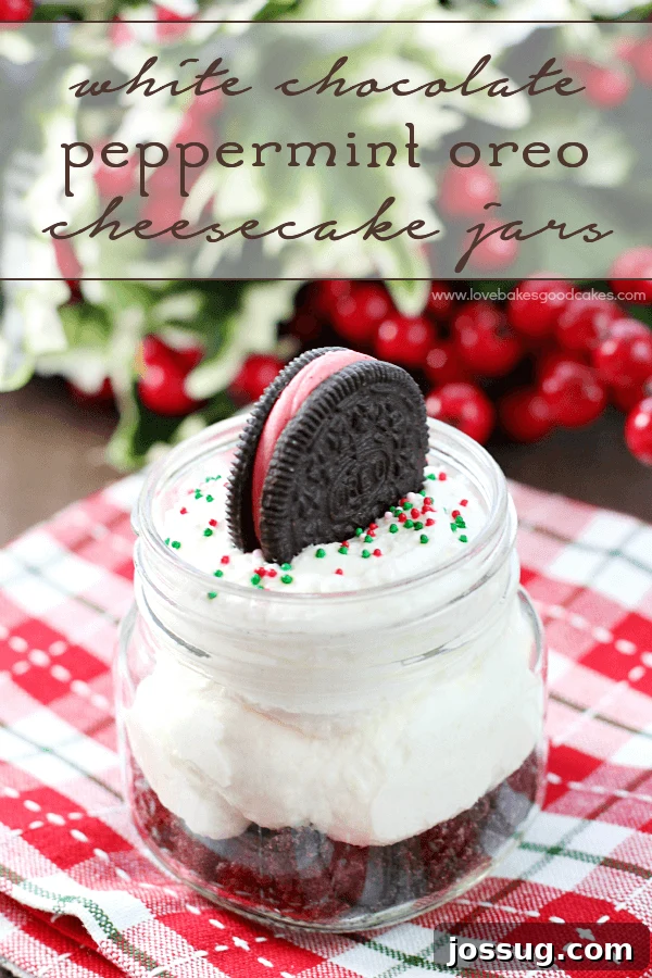 Peppermint Oreo White Chocolate Cheesecake Delights 2 A festive White Chocolate Peppermint Oreo Cheesecake Jar, elegantly topped with a whole peppermint Oreo cookie, perfect for holiday dessert tables.