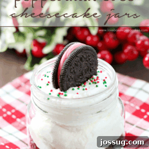 White Chocolate Peppermint Oreo Cheesecake Jar with a peppermint Oreo on top.