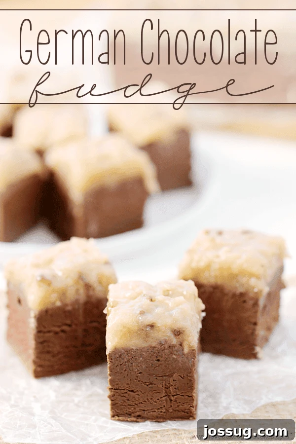 Decadent German Chocolate Fudge pieces artfully arranged on wax paper, showcasing the rich chocolate and gooey coconut pecan topping.
