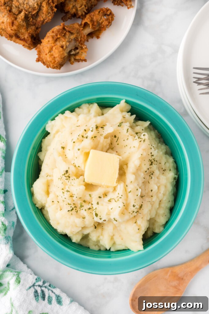 looking down into a bowl of fluffy mashed potatoes
