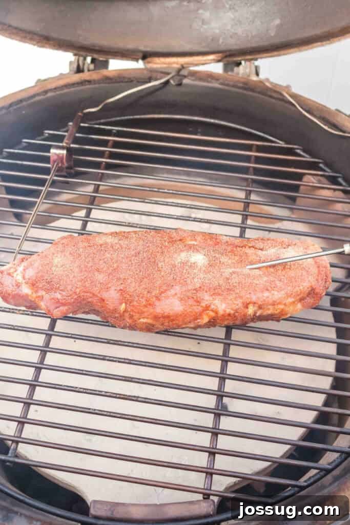 Pork tenderloin placed on a smoker grill with meat thermometer inserted