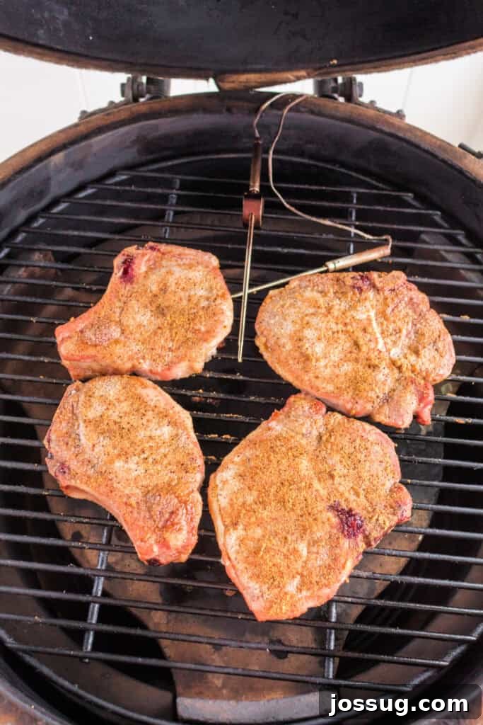 Effortlessly Delicious Smoked Pork Chops 9 A pair of pork chops, already showing a beautiful crust and smoke ring, are actively smoking on the grill, indicating the cooking process is well underway.