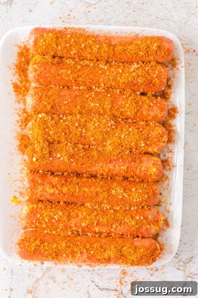 Hot dogs fully coated in dry rub seasoning on a white platter, ready for smoking