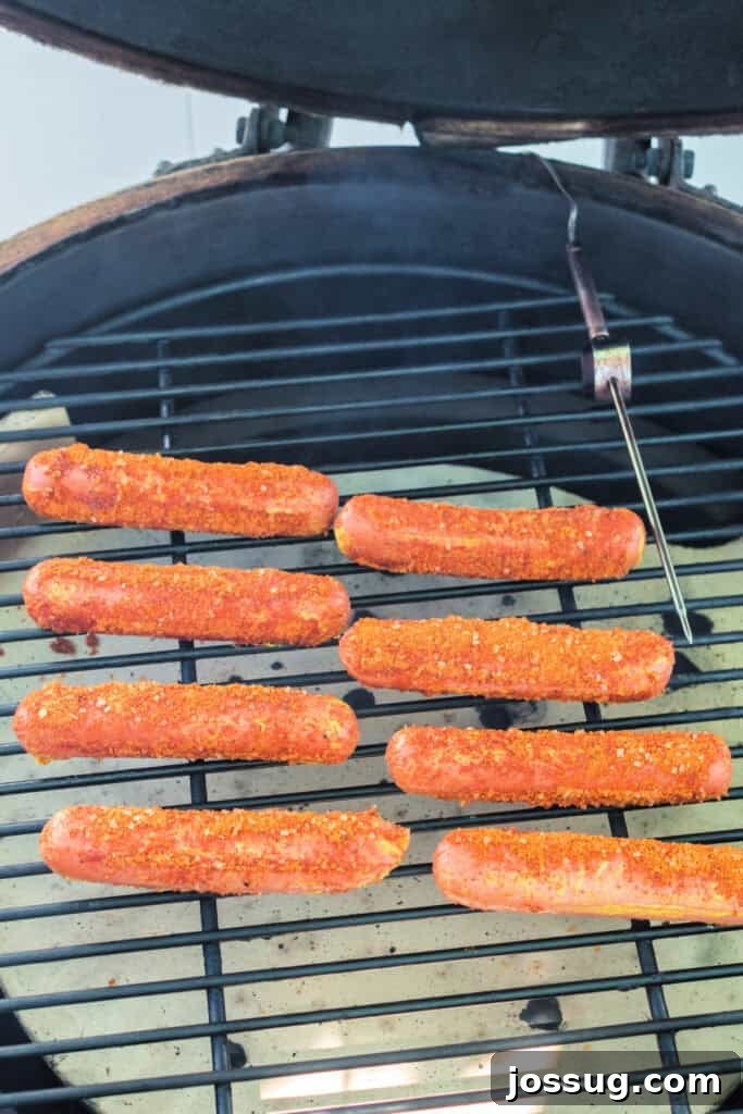 Seasoned hot dogs placed on a smoker grill rack, ready to cook at 250°F