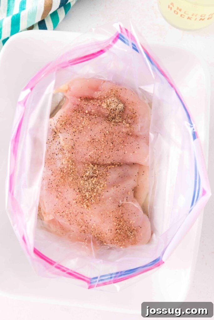 Seasoned chicken breasts in a zip-top bag ready for marinating