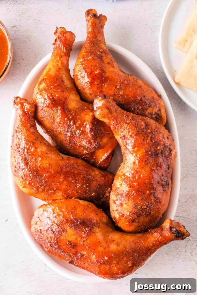 Succulent Smoked Chicken Legs 2 Finished smoked chicken quarters served in a white oval dish, glistening with a rich, caramelized glaze