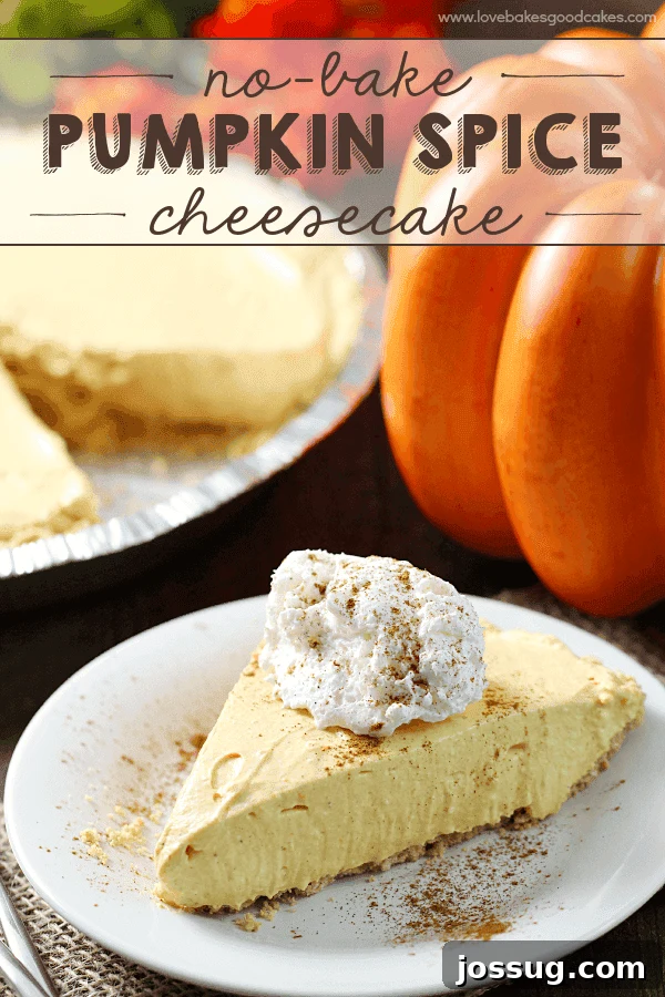 Autumn's Effortless Pumpkin Cheesecake 2 Creamy No-Bake Pumpkin Spice Cheesecake slice on a white plate, garnished with whipped topping and a sprinkle of cinnamon.