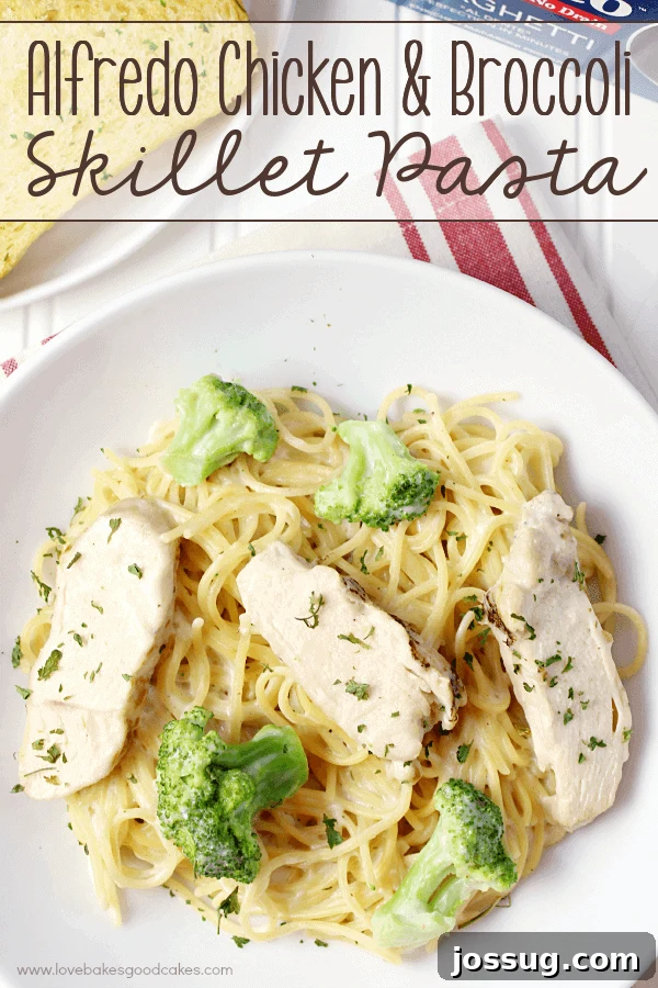 Alfredo Chicken & Broccoli Skillet Pasta in a white bowl, garnished with fresh parsley.