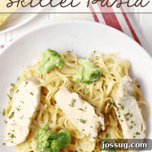 Alfredo Chicken & Broccoli Skillet Pasta in a white bowl.
