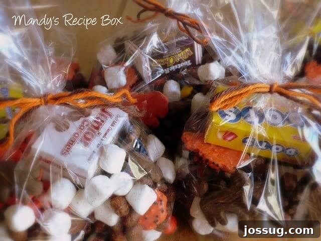 Individual baggies filled with a colorful and diverse Halloween snack mix, ready for sharing.