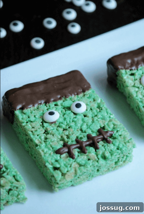 Fun Frankenstein Rice Krispie Treats, shaped and decorated to resemble Frankenstein's monster.