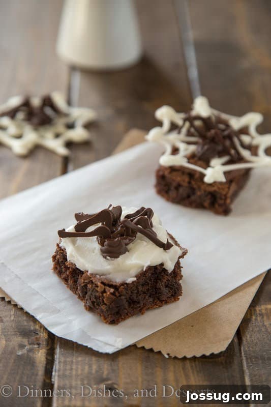 Fudgy chocolate brownies topped with chocolate frosting and edible spider decorations on wax paper.