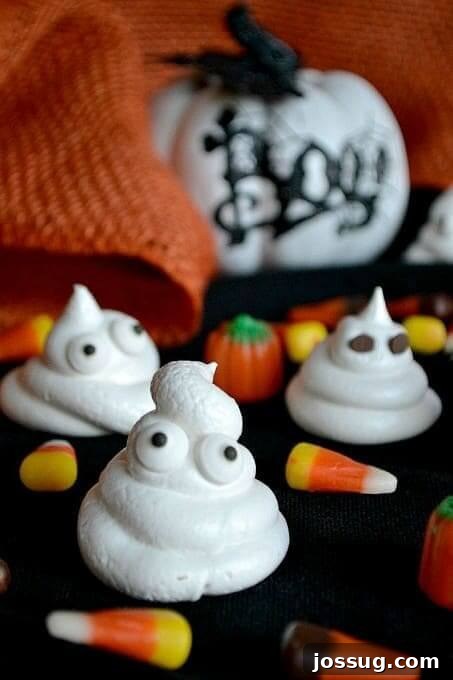 Light and airy Halloween Meringues, delicately shaped and decorated with spooky features.