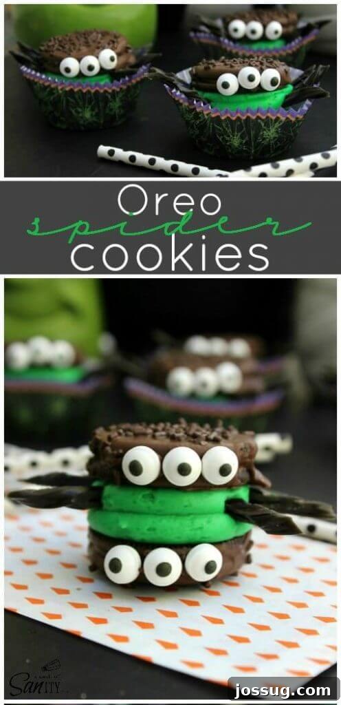 Adorable Oreo Spider Cookie Sandwiches with pretzel legs and candy eyes, arranged on a cookie sheet.