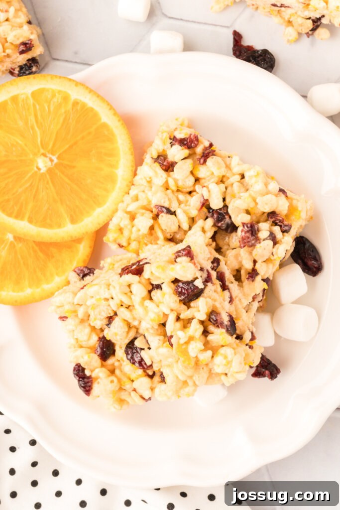 Sunshine Berry Crunch Bars 5 two cranberry orange rice crispy treats on a white plate