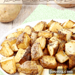 Perfectly Crispy Roasted Potatoes 3 Oven Roasted Potatoes on a white plate.