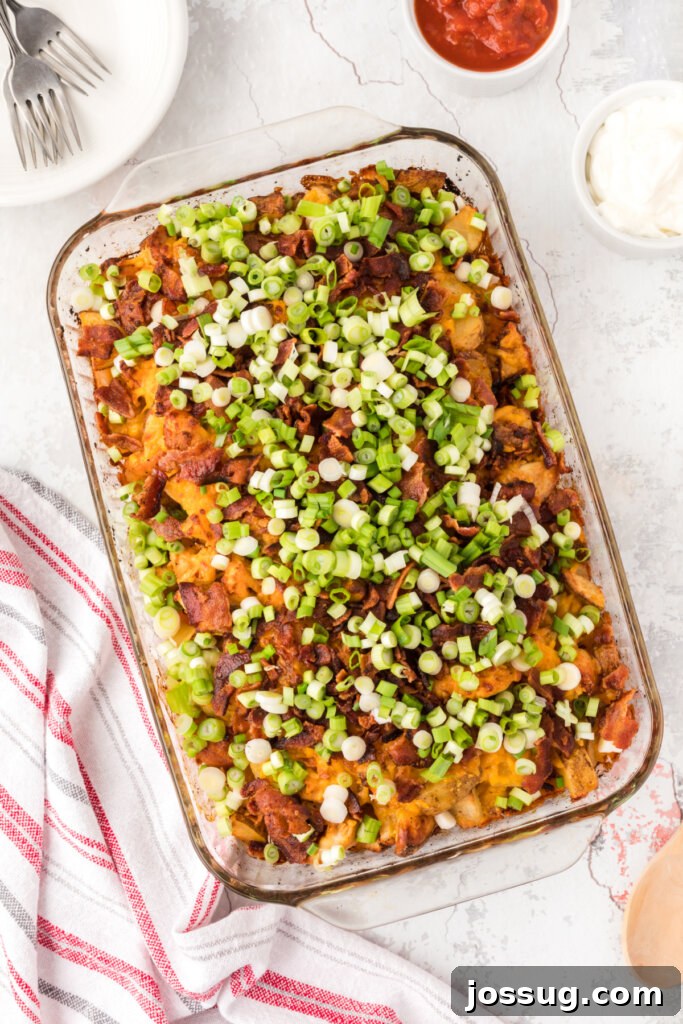 Fully Loaded Chicken Potato Bake 3 Close-up shot of the chicken potato casserole in a baking dish, freshly out of the oven
