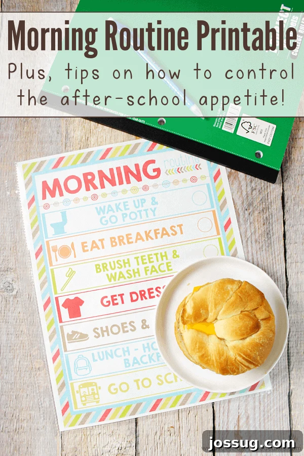 FREE Morning Routine Printable collage, showing a colorful routine chart and happy kids eating breakfast and snacks. Perfect for back-to-school organization.