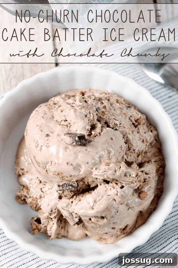 No-Churn Chocolate Cake Batter Delight with Chocolate Chunks 2 A scoop of homemade No-Churn Chocolate Cake Batter Ice Cream with Chocolate Chunks in a pristine white bowl, accompanied by a silver spoon, inviting a taste.