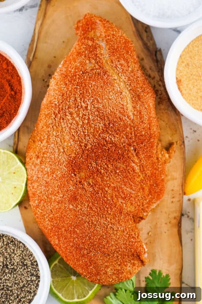 Seasoned raw turkey breast surrounded by spices and lime on a wooden board