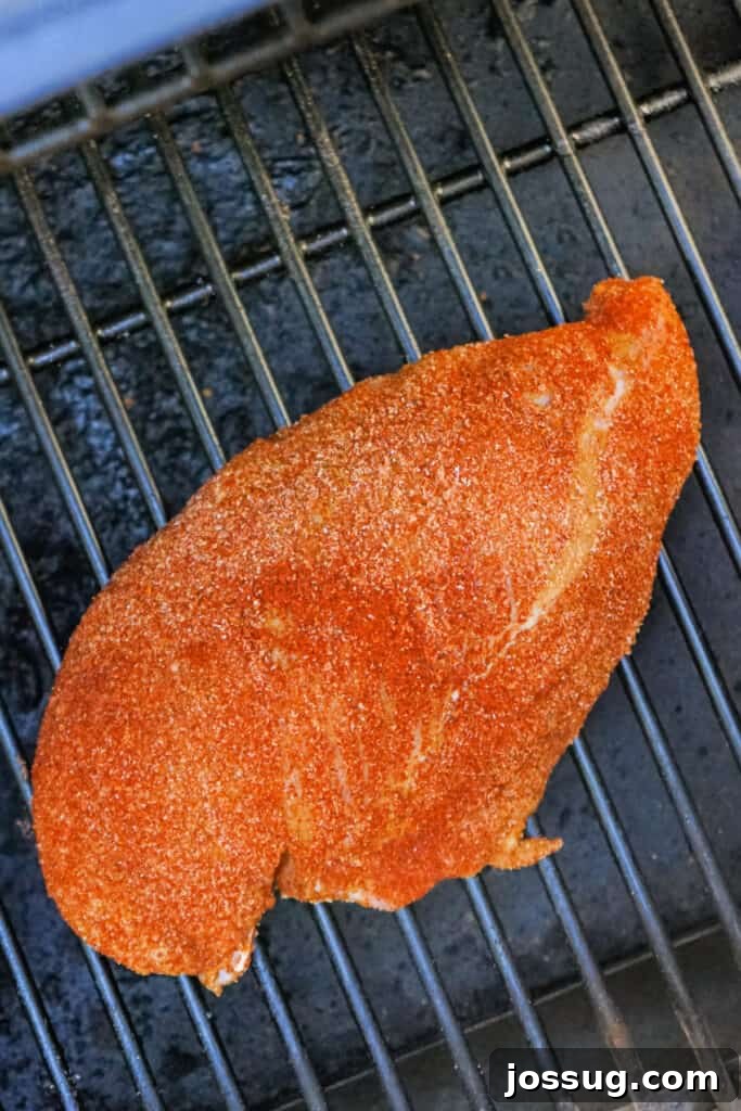Raw seasoned turkey breast on the smoker grates