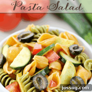 Summer Veggie Pasta Salad in a white bowl.