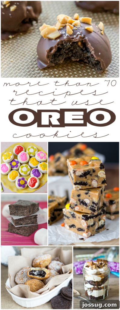 A vibrant collage showcasing more than 70 diverse recipes made with Oreo cookies, including cakes, shakes, and no-bake treats.