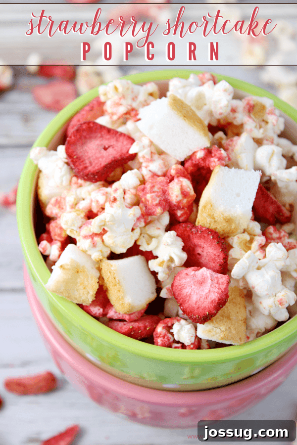 Strawberry Shortcake Popcorn in a vibrant green bowl, garnished with fresh strawberries, ready for family enjoyment.