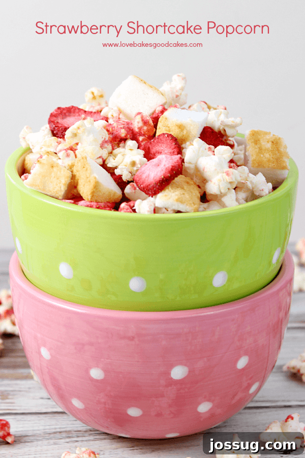 Two bowls of Strawberry Shortcake Popcorn, one green and one pink, adorned with fresh strawberries, showcasing the vibrant and delicious snack.