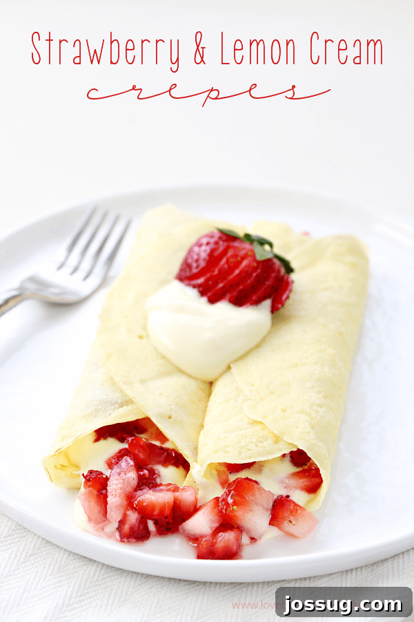 Delicate strawberry and lemon cream crepes served on a white plate with a fork, a refreshing dessert.