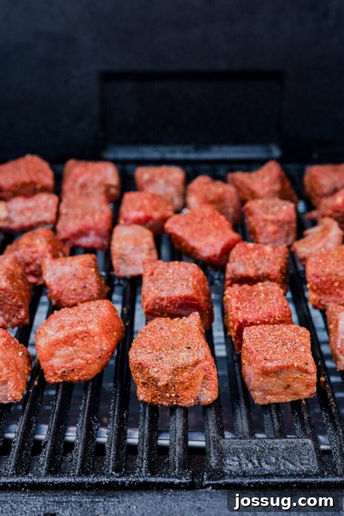 Burnt Ends on a Budget 6 Seasoned chuck roast chunks placed directly on a smoker grill grate, beginning the smoking process.