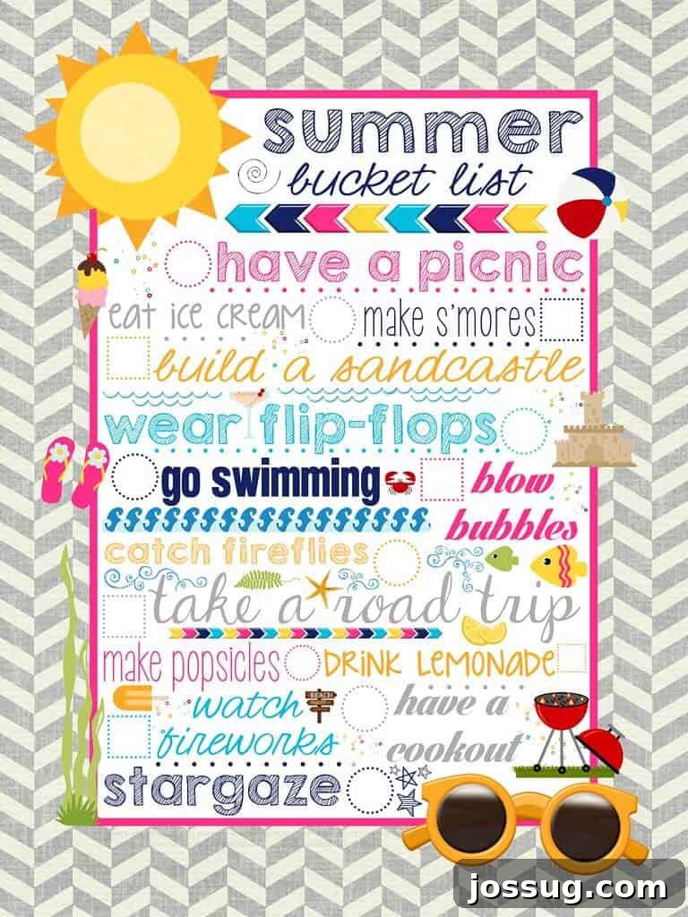 Free Printable Summer Fun List 2 Free Printable Summer Bucket List with diverse activities for kids and families.