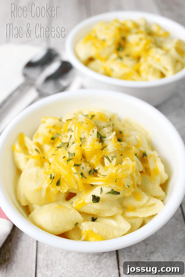 One Pot Rice Cooker Mac and Cheese 2 A close-up shot of a serving of creamy Rice Cooker Mac & Cheese in a white bowl, garnished perhaps with a sprinkle of fresh parsley or paprika for visual appeal. The cheese sauce is thick and luscious, coating every piece of macaroni perfectly.