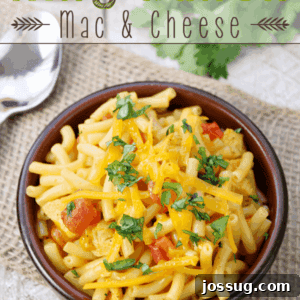 Quick and Easy King Ranch Mac & Cheese in a brown bowl with a spoon, garnished with cilantro.