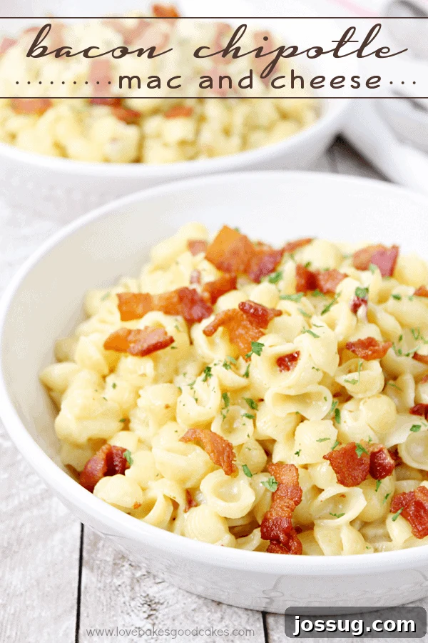 Fiery Bacon Chipotle Mac & Cheese 2 A creamy bowl of Bacon Chipotle Mac & Cheese topped with crumbled bacon and fresh herbs.