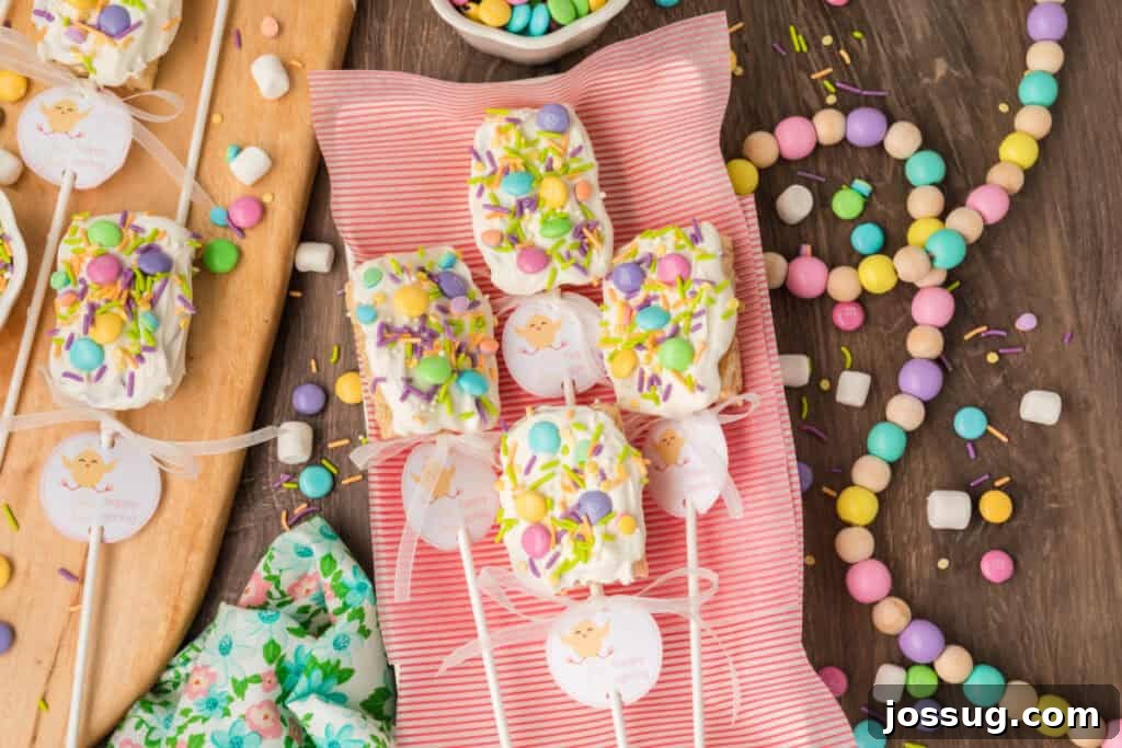 A collection of beautifully decorated Spring Rice Krispies Treats Pops arranged on a rustic wooden table next to a soft pink kitchen towel, highlighting their homemade charm.