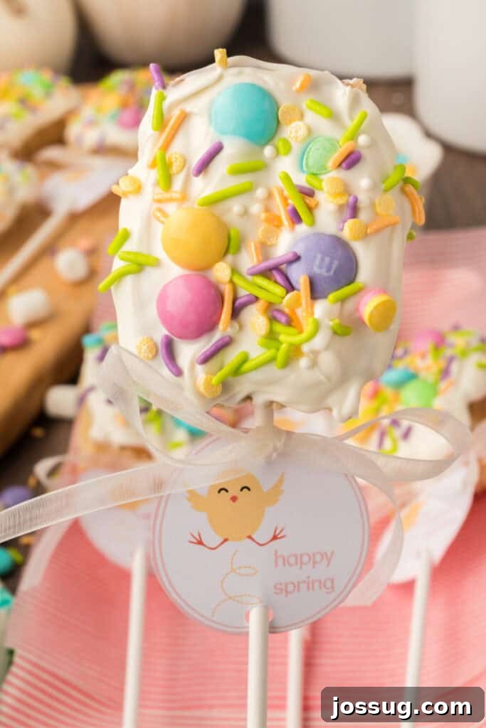 A close-up view of a single Spring Rice Krispies Treats Pop, beautifully decorated with sprinkles and M&M's, featuring a 'Happy Spring' printable circle tied to the lollipop stick.