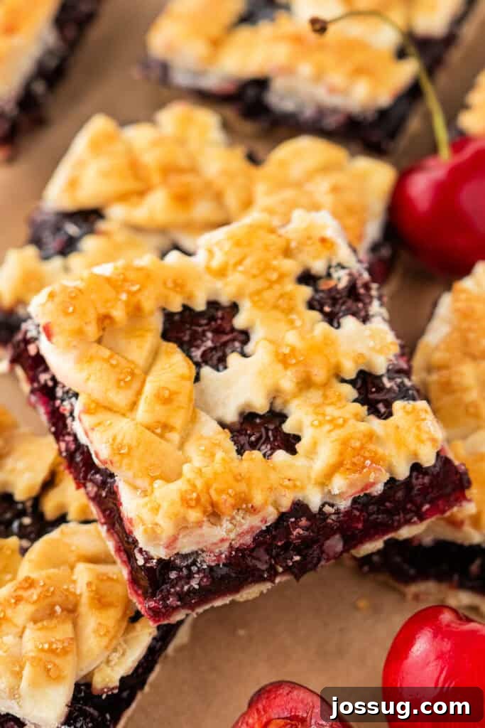 Sweet Cherry Pie Bars 2 Close-up of a cherry pie bar with braided and crimped lattice topping, surrounded by fresh cherries