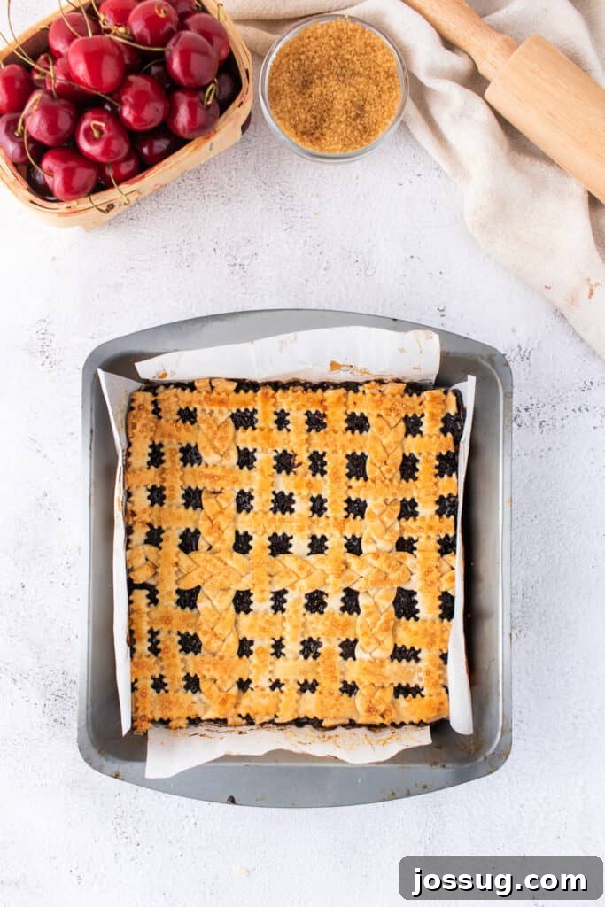 Sweet Cherry Pie Bars 12 Full 8x8 pan of baked cherry pie bars with an intricate lattice crust