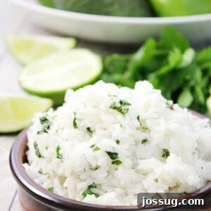 Cilantro Lime Rice in a brown bowl, close up to show texture.