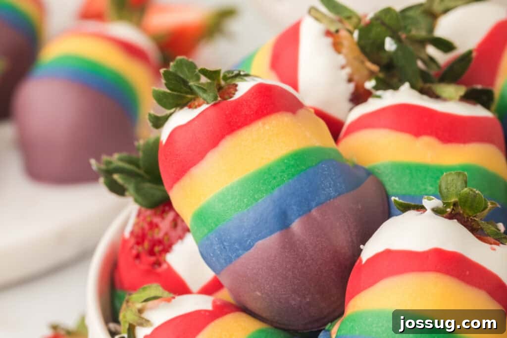 A beautiful white ceramic bowl overflowing with vibrant rainbow candy coated strawberries, ready to be served.