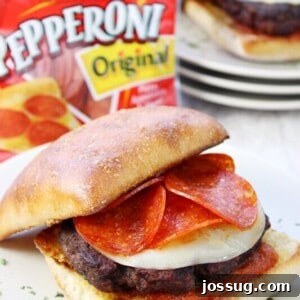 Italian Pepperoni Burger with Hormel Pepperoni on a plate.