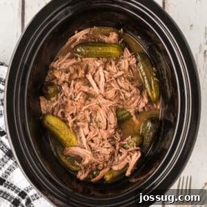 Overhead shot of slow cooker filled with shredded dill pickle pot roast and baby dill pickles, ready to be served.