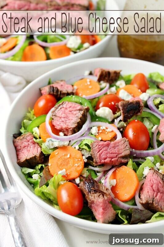 Steak and Blue Cheese Salad in two white bowls, garnished with fresh herbs and a vibrant dressing.