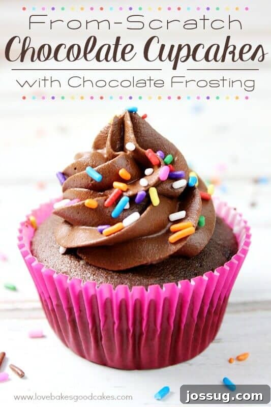 Decadent Double Chocolate Cupcakes 2 Rich From-Scratch Chocolate Cupcake with glossy chocolate frosting, presented in a vibrant hot pink wrapper, ready for celebration.